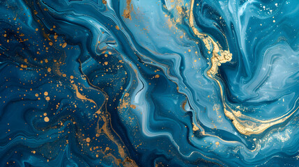 Abstract ocean- ART. Natural Luxury. Style incorporates the swirls of marble or the ripples of agate. Very beautiful blue paint with the addition of gold powder  - obrazy, fototapety, plakaty