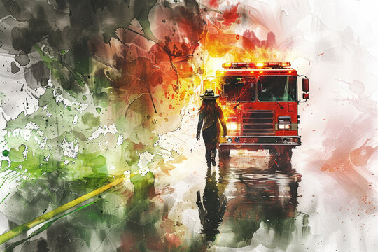 Firefighter woman walking near fire engine with green splash watercolor