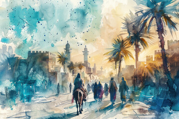 Jesus riding a donkey to Jerusalem, palm sunday, blue watercolor