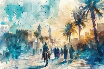 Fotobehang Jesus riding a donkey to Jerusalem, palm sunday, blue watercolor © Ema