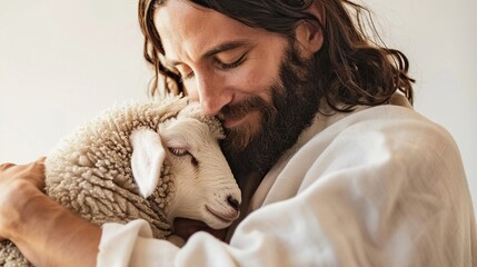 Jesus as a shepherd holding a lamb gently