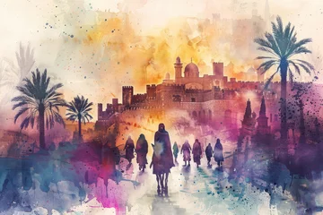 Fotobehang Pink watercolor of Jesus riding a donkey to Jerusalem, palm sunday © Ema