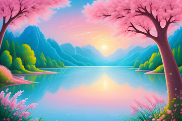 Beautiful and Peaceful Nature Scenery Illustration, Landscape, Countryside, Tranquil, Vibrant and Colorful