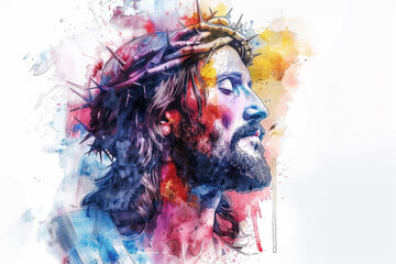 Colorful splash watercolor sketch painting of the face of Jesus Christ