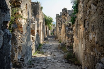 Fototapeta premium Step into the past as you wander through the ruins of an ancient city, where crumbling buildings stand as silent witnesses to a bygone era, Generative AI