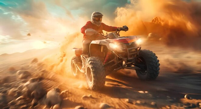 ATV overtaking on rugged terrain, motion blur effect with rear curtain sync, editorial image