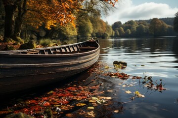 A boat rests on the lake shore, embraced by trees in a serene natural landscape