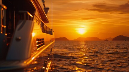 The sun sets over the horizon casting a warm orange glow over the yacht as it makes its way towards...