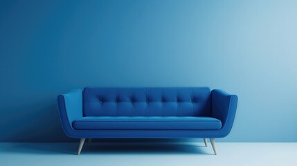 Picture of blue couch placed against blue wall. This image can be used to showcase modern interior...