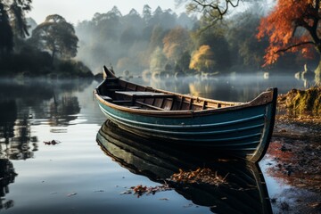 A boat drifts on a serene lake surrounded by trees under a beautiful sky