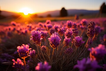 Purple flowers sway in the evening sky, creating a stunning natural landscape