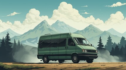 Green Van Driving on Dirt Road