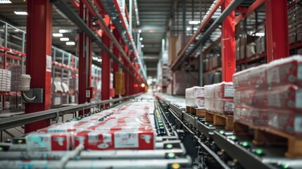 Obraz premium Pallets of frozen goods being transported through a series of conveyors and automated systems to reach their designated storage areas.