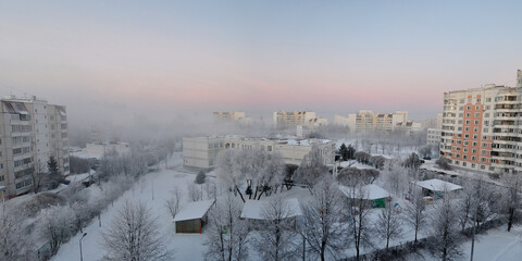 A frosty winter morning, nature and the city.