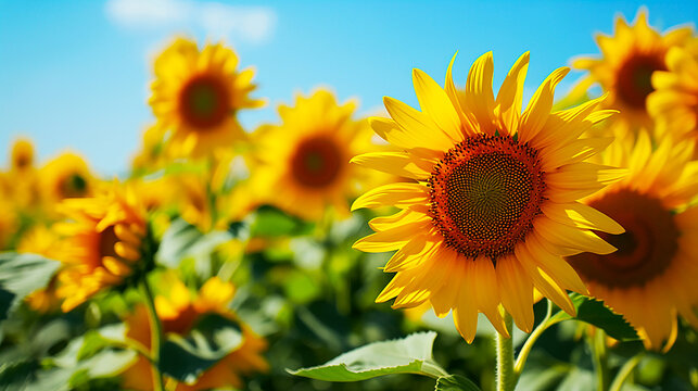 Closeup image of sunflower field.