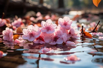 Keuken spatwand met foto Pink flowers floating on water make a stunning natural landscape art © dong