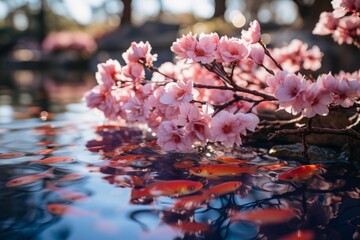 Cherry blossoms drifting on the lake, creating a natural floral art display
