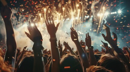 Smiling faces and hands raised in the air are illuminated by the glow of fireworks and the rain of confetti at the stadium.