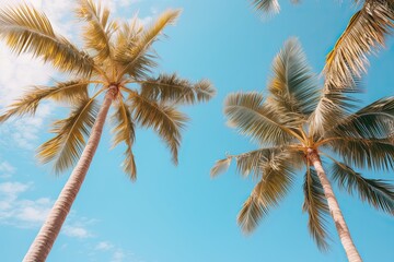 Low angle view of tropical palm trees over clear blue sky background with copy space