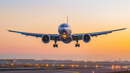 airplane landing at sunset