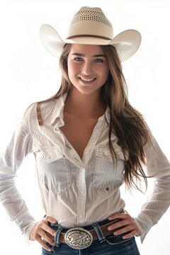 Happy sexy cowgirl photo on white isolated background