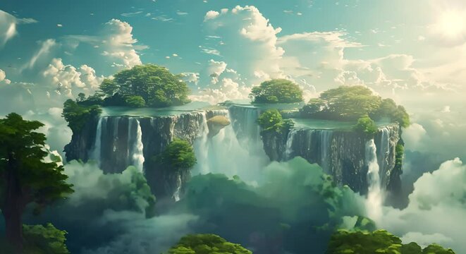Surrealist ad for a travel agency, featuring floating islands and waterfalls defying gravity
