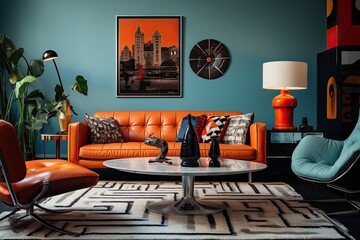 Retro living room with stylish furniture and vintage accessories