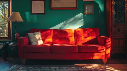 Interior of living room with red sofa, pillow, and light fixture - Vintage Light Filter,red vintage sofa on the room blue wall background.