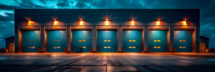 Roller Door or Roller Shutter Used for Factory,
A large warehouse with a sky background and yellow poles
