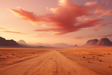 A desert dirt road at sunset with mountains silhouetted against the colorful sky