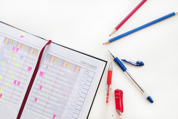 notebook planner for business work arrangement flat lay style on background white 