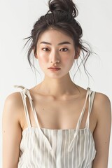 Portrait of a pretty young woman super model of Korean ethnicity wearing a striped linen jumpsuit with wide-leg pants and a square neckline, her hair styled in a high ponytail