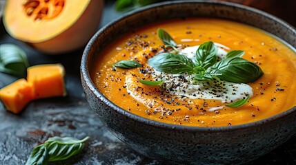 Pumpkin soup with cream and basil