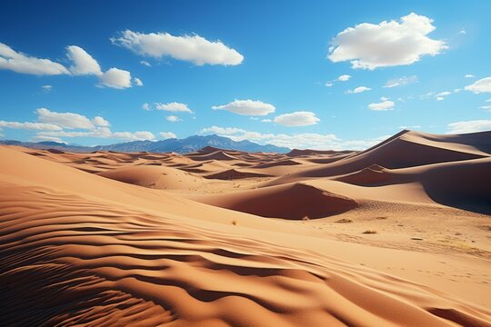 A desert landscape with sand dunes, mountains, and a clear sky