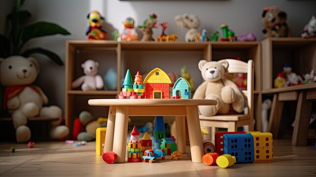 wooden table top on background toys room