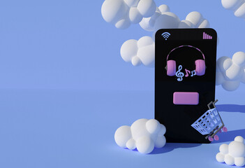 smartphone in the clouds on the phone display pink headphones with notes and a button next to a market cart on a blue background 3 cartoon rendering, concept of buying online music