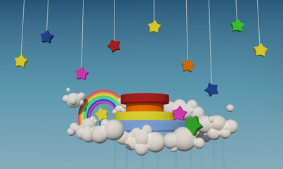 multi-level multi-colored round podium in the clouds with a rainbow and multi-colored stars on a blue background 3 rendering cartoon