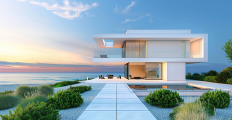 3D rendering of a modern house with a garden and swimming pool near the beach