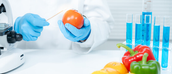 Scientist check chemical food residues in laboratory. Control experts inspect quality of fruits,...