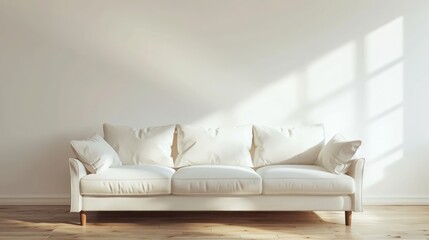 Fototapeta na wymiar White minimalist room interior with sofa on a wooden floor, decor on a large wall, white landscape in window. Home nordc interior. 