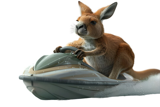 An energetic 3D cartoon render of a kangaroo performing tricks on a jet ski.