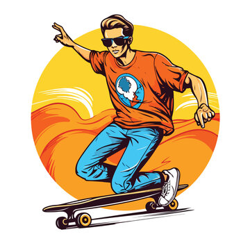 Trendy man with peace hand riding skateboard illust