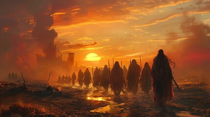 The solemn procession of a warrior burying their weapon, renouncing violence under a setting sun - obrazy, fototapety, plakaty