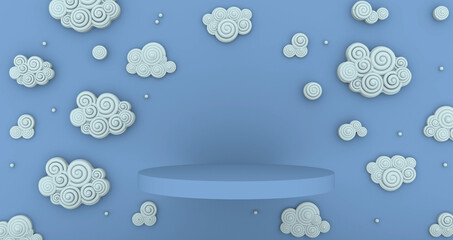 blue podium round on a blue background around cartoon white clouds 3 d rendering