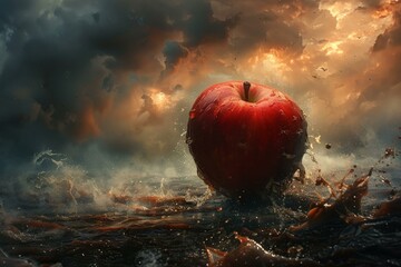 An iron-willed apple standing firm against a tempest of bites, symbolizing resilience - obrazy, fototapety, plakaty