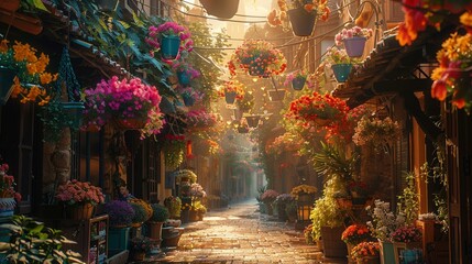A vibrant market street adorned with hanging flower baskets, bursting with life and color