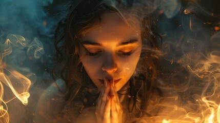 A young woman clasps her hands together to make a wish, hoping for good fortune. - obrazy, fototapety, plakaty