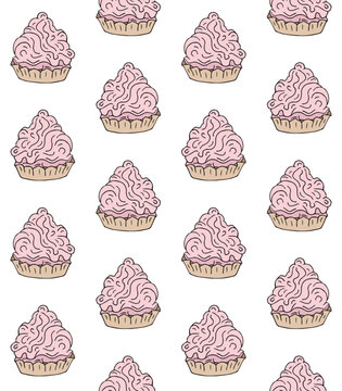 Vector seamless pattern of hand drawn doodle sketch pink cake isolated on white background