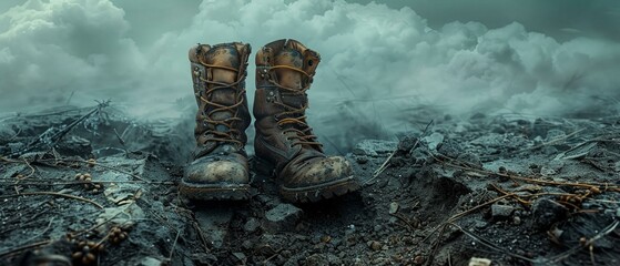 A pair of discarded boots, standing at the edge of a bomb crater, the owner nowhere to be seen - obrazy, fototapety, plakaty