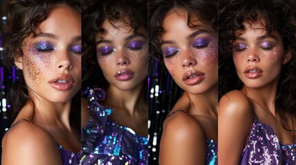 Obraz premium Euphoria inspired fashion and beauty editorial photo shoot featuring a model Caucasian and Hispanic model with purple eyeshadow in front of black and purple sequin background makeup dancing queen 